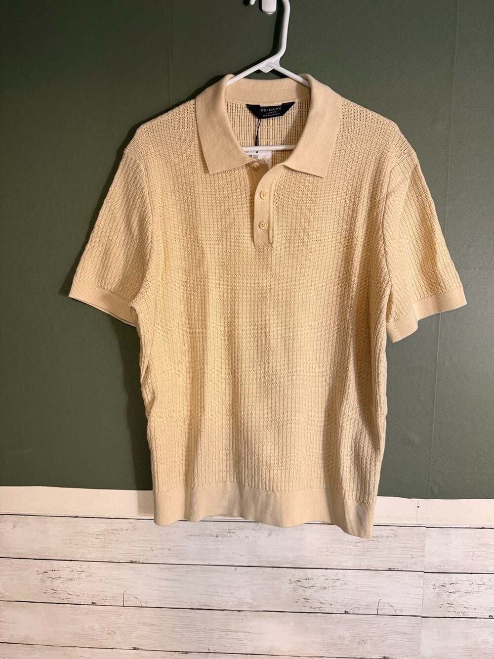 Primark Mens Large Cream Beige Textured Knit Short Sleeve Polo Shirt NWT